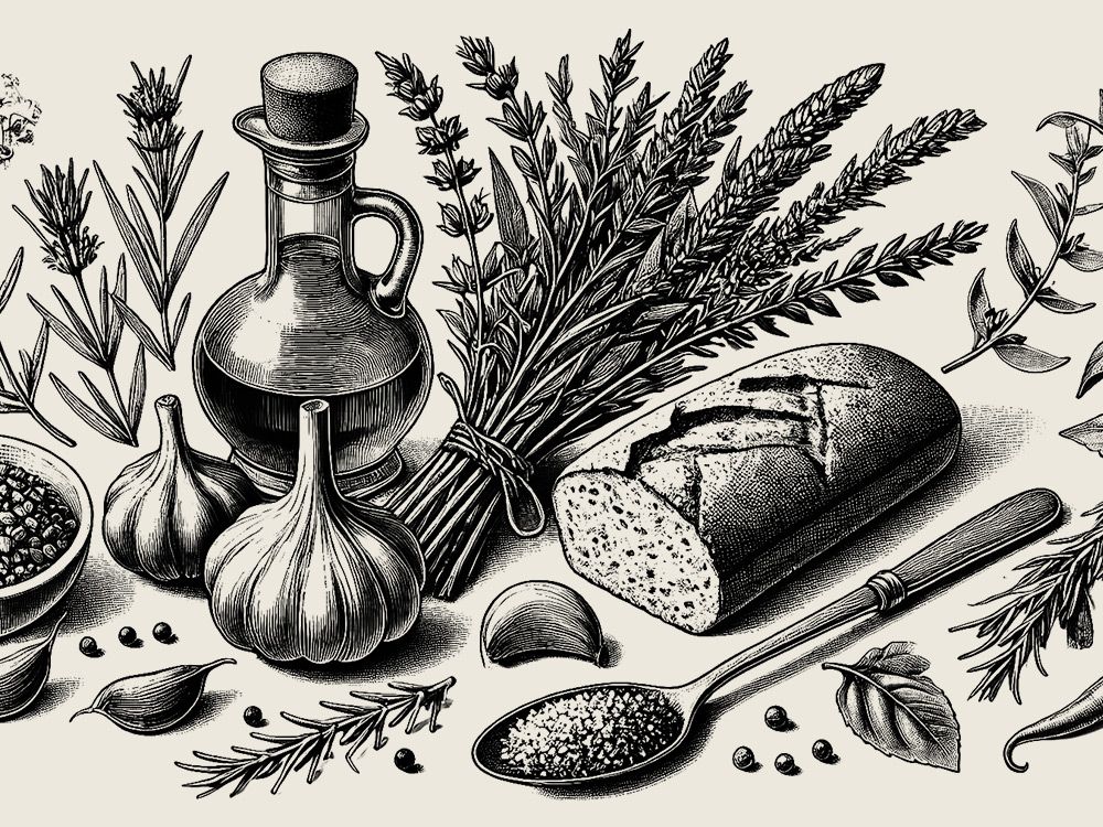 illustration of classic ingredients like bread garlic and oil