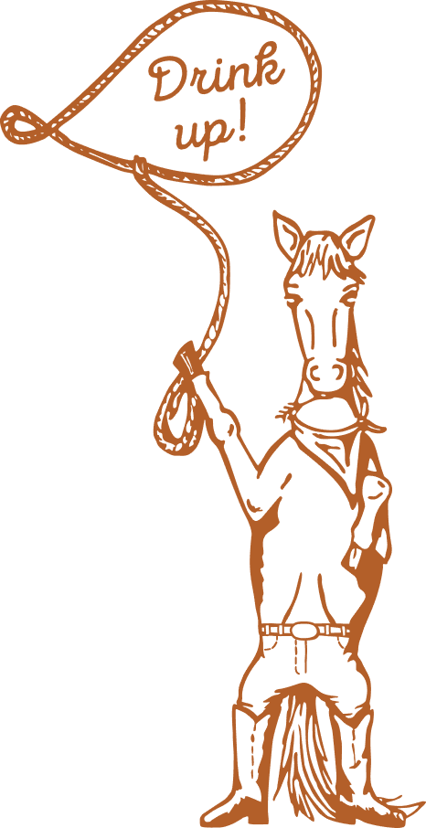 Cartoon horse in cowboy attire holding a lasso forming the words "Drink up!" above its head, celebrating New homes at Two Step Farm, TX and The Grazery restaurant at Two Step Farm.