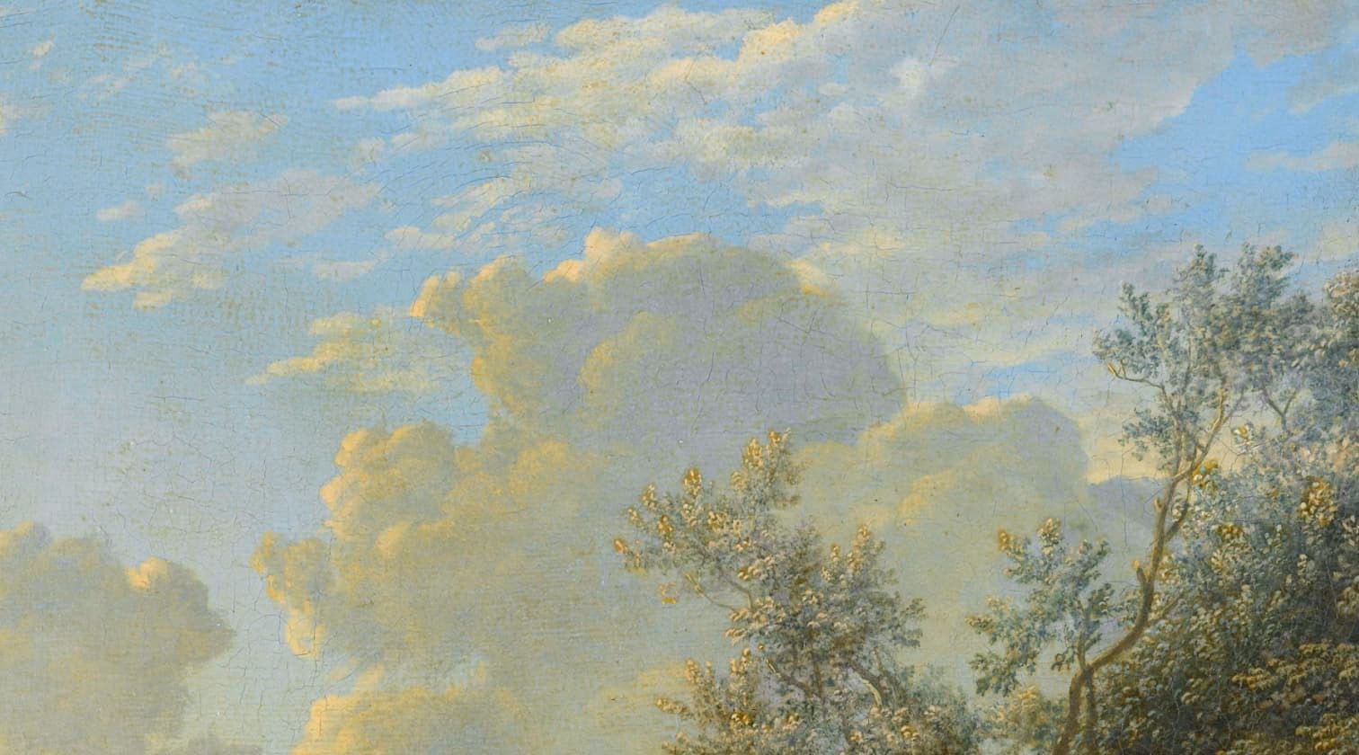 A partly cloudy sky with large, light-filled clouds drifts above the leafy trees and the inviting new homes at Two Step Farm, TX, extending into the scenic frame.